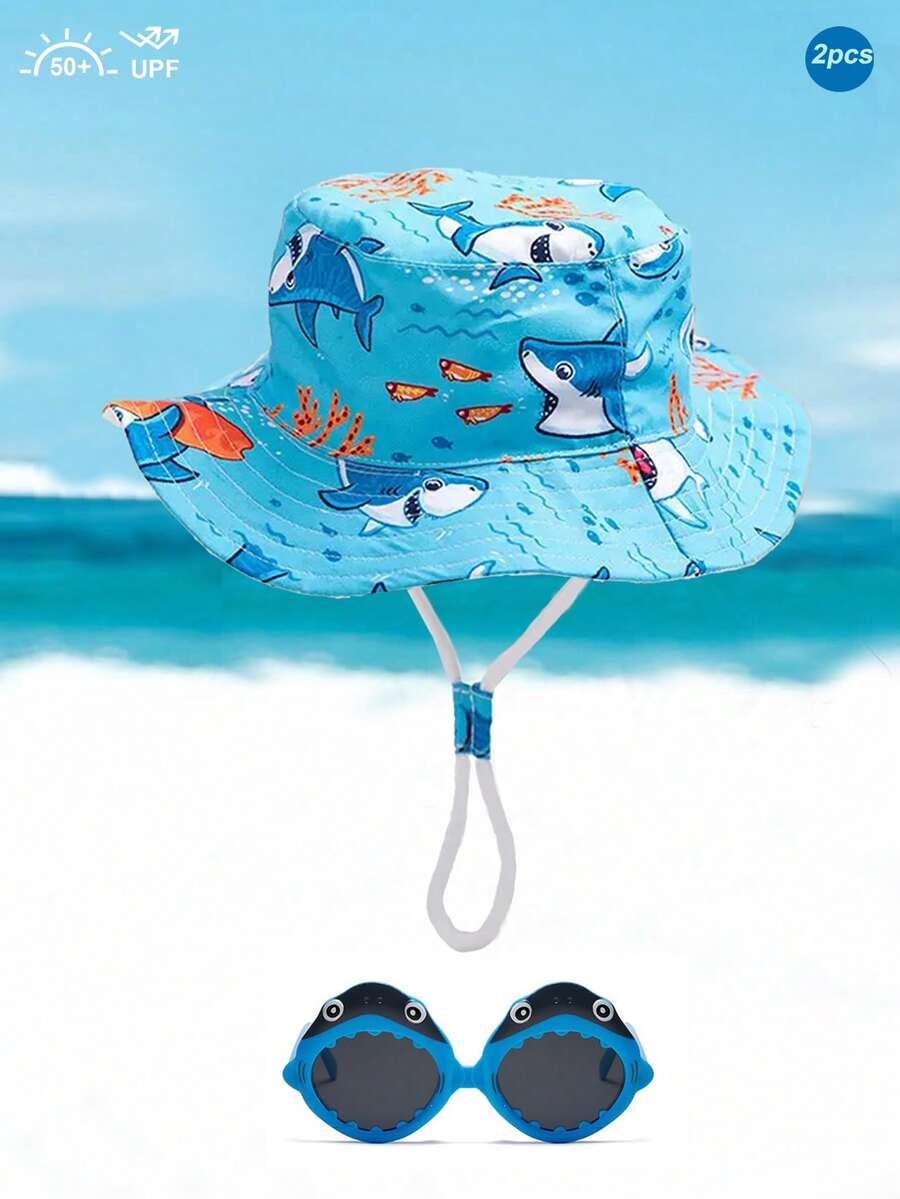 2 Pcs Shark Print Baby Sun Hat, Available In 3 Sizes,Unisex Sun Block Bucket Hat And Glasses For Beach, Fishing, Etc.
