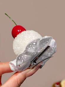 1个/2个/4个可爱樱桃蛋糕蕾丝绒球发夹，侧刘海发夹，生日拍照配饰，发饰 - 彩色 - 查看 9