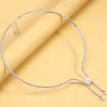 Luxury Sparkling Crystal Embellished Open Collar Pearl Necklace, Elegant & Simple Fashion Accessory - Silver - View 8
