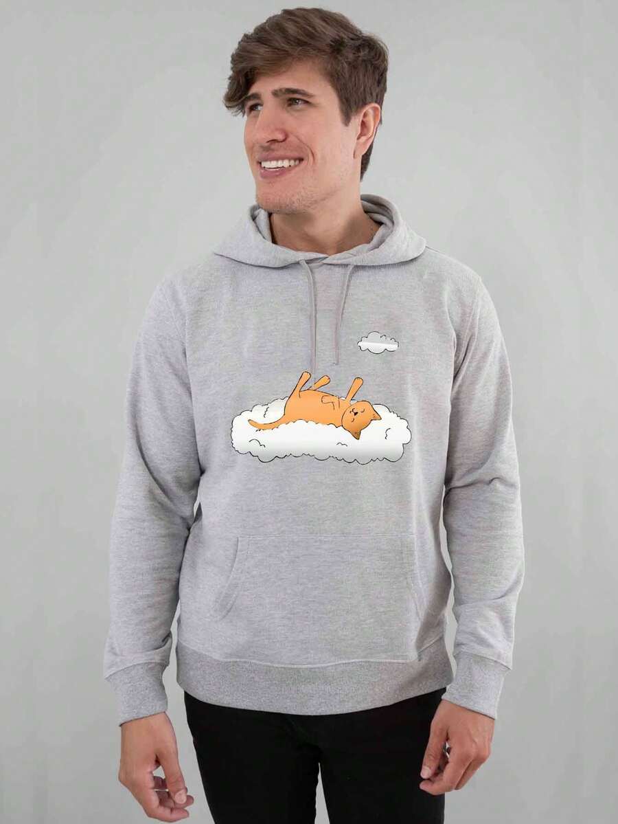 Cartoon Illustration Sweatshirt Men's Crew Neck Comfortable Breathable Printed Round Neck - Grey - View 1