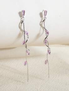 1 Cặp bông tai tua rua hình lá Zirconia sang trọng, ngôi sao, hình giọt nước, thích hợp cho trang phục hàng ngày của phụ nữ, đám cưới, sự kiện trang trọng, có sẵn màu trắng, đen, hồng, xanh lá cây, xanh lam, nhiều màu - Kim cương hồng bạc - Xem 4
