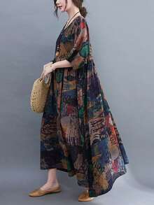 Festival de Primavera Chino, Vestido casual bohemio de playa, Vestido de vacaciones de crucero, Vestido elegante holgado de manga corta y cuello redondo de estilo vintage nuevo para verano, Vestido de verano casual, Camisón de talla grande para damas, Un vestido - Café integral - Ver 4