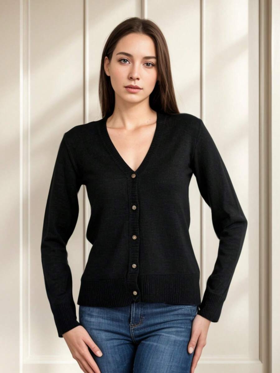 Women's Long Sleeve Cardigan Blouse Elegant Pearl Button - 黑色 - 查看 1