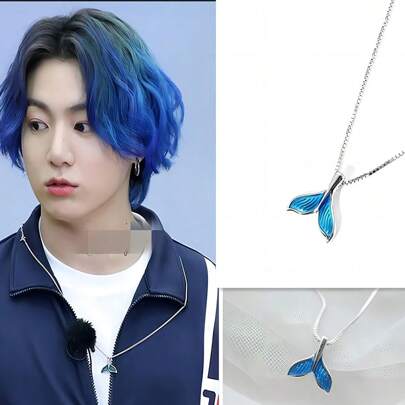 1pc KPOP Fashion Fish Tail Ocean Blue Pendant Collarbone Necklace Silver Jewelry