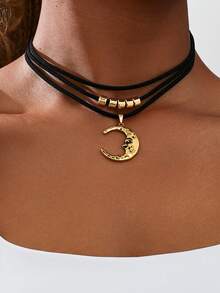 1pc Vintage Moon & Emoticon Multi-Layer Metal Moon Pendant Necklace For Women, Fashion & Versatile