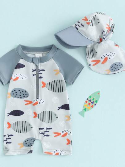 Trajes de baño para bebés de 0 a 5 años con protección contra erupciones y gorro de baño, estampado de peces de dibujos animados, de manga corta y con cremallera, ropa de playa