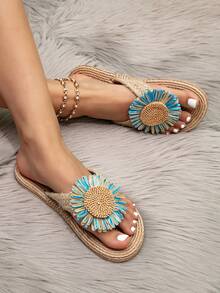 女士时尚蓝色花朵编织凉鞋，休闲平底草编夏季沙滩拖鞋 - 淺藍色 - 查看 4