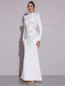 Modphy 女士长袖白色3D立体花卉绷带连衣裙，饰有水晶花朵，适合婚礼、晚宴、生日、复活节等正式场合，尺码齐全，可作礼服、晚礼服、婚礼宾客等。 - 白色 - 查看 3