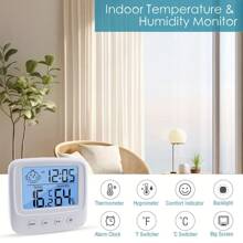 Termómetro digital LCD grande y higrómetro con reloj - Monitor de temperatura y humedad preciso para cocina, dormitorio, oficina - Funciona con batería AAA, higrómetro para decoración del hogar, reloj digital, despertador