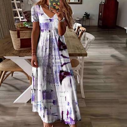 Plus Size Women Elegant New Print Short Sleeve Dress