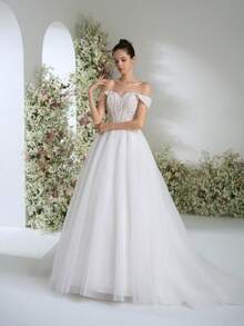 优雅奢华的露肩花卉蕾丝长裙，大码A字蓬蓬裙婚纱，适合花园婚礼、派对、度假、正式晚宴、新娘礼服、情人节等场合。 - 白色 - 查看 2