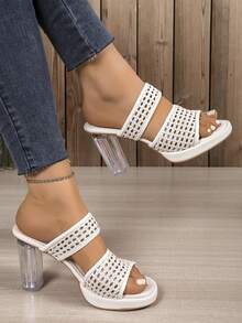 Women's Solid Color Super High Heel Crystal Heel Hollow Out Slide Sandals, Beige Strap Elegant Fashion High Heel Mule Slides - Beige - View 2