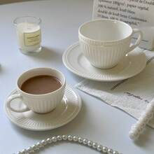 1 Set de taza y platillo de cerámica con estilo retro, adecuado para latte, capuchino, leche para el desayuno, 1 Set (Taza + Platillo) - Blanco - Ver 3