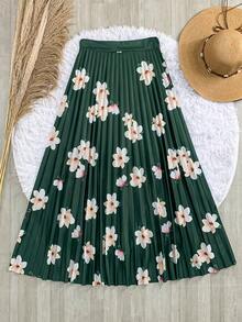 Long Pleated Evangelical Flower Skirt - Hijau Tentara - View 1