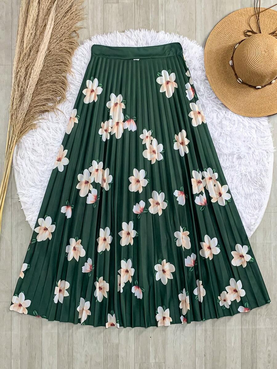 Long Pleated Evangelical Flower Skirt - Hijau Tentara - View 1