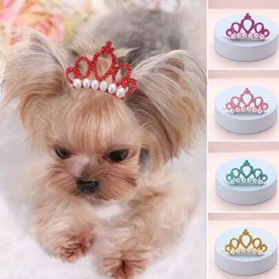 1/5pcs Faux Pearl Crown Pet Hair Clips - Stylish Crown Shape Bows For Dogs And Cats - Grooming Supplies And Accessories .