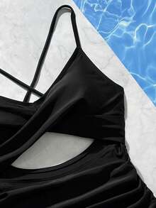 Solid Color V-Neck Crisscross Hollow Back Lace-Up High Elasticity Polyester Blend One Piece Swimsuit For Women, Full Coverage, Summer Beach/Pool Party Outfit