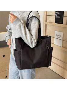 简约多口袋容量通勤女士手提包，休闲百搭布质单肩手提包，轻巧可折叠拉链开合，适合日常、工作、学校、大学生，适合女性或学生的艺术风格书包和书包，非常适合书籍、购物、返校等 - 黑色 - 查看 2