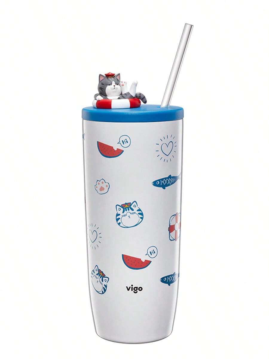 Vaso de 23 oz con diseño bonito: botella de agua deportiva con aislamiento al vacío, tapa y pajita, taza portátil de acero inoxidable para el hogar, la oficina, deportes al aire libre, correr, fitness, camping y viajes. Regalo perfecto para las fiestas para familiares y amigos.