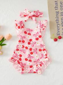 Cute Baby Girl Cherry Print Ruffled Edge Romper, Adorable Pink,Perfect Gift For Baby