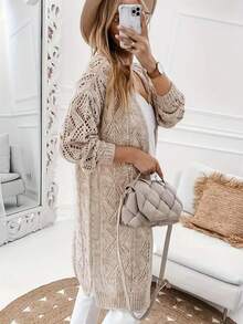 Women's Casual Long Sleeve Solid Color Hollow Out Knit Cardigan - Button Front Spring - Apricot - View 3