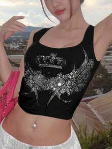 Women's Summer Rhinestone Wings & Crown Print Round Neck Casual Tank Top Black - Black - View 3