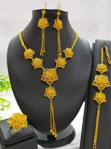 4 件/套时尚女士镀金花流苏长项链、耳环、手链、戒指首饰套装，欧盟/中东/迪拜/非洲新娘婚礼派对周年纪念礼物，送给母亲、女朋友、姐妹 - 金黃色 - 查看 1