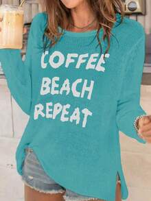 Crew Neck Long Sleeve Side Slit Letter Knit Sweater, Casual For Everyday Wear - Baby Blue - View 1