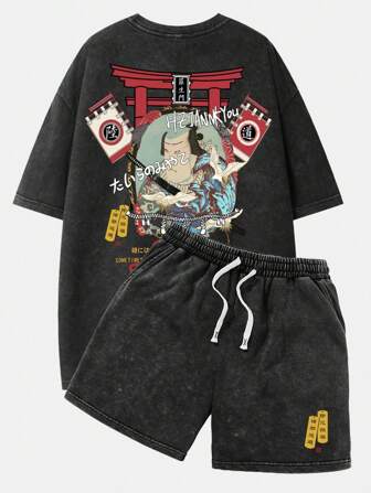 Shwiy 2 st. herrset med tvättad svart kortärmad t-shirt och dragskoshorts, minimalistisk mode, japansk arkitektur och samuraigrafik, lämplig för vår-/sommarkläder, skola, anime- och gatustilsentusiaster