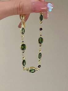 1pc Vintage Olive Green Artificial Crystal & Cubic Zirconia Bracelet For Women, Luxurious High-End Chain Bracelet 17cm With 5cm Extension Chain, Artificial Peridot Bracelet, Birthstone Bracelet, Perfect Gift For Her