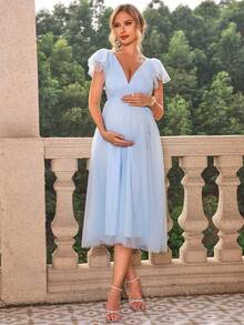 Joyfunear Đầm bầu tay bèo cổ chữ V màu trơn cho bà bầu - Màu xanh nhạt - Xem 1