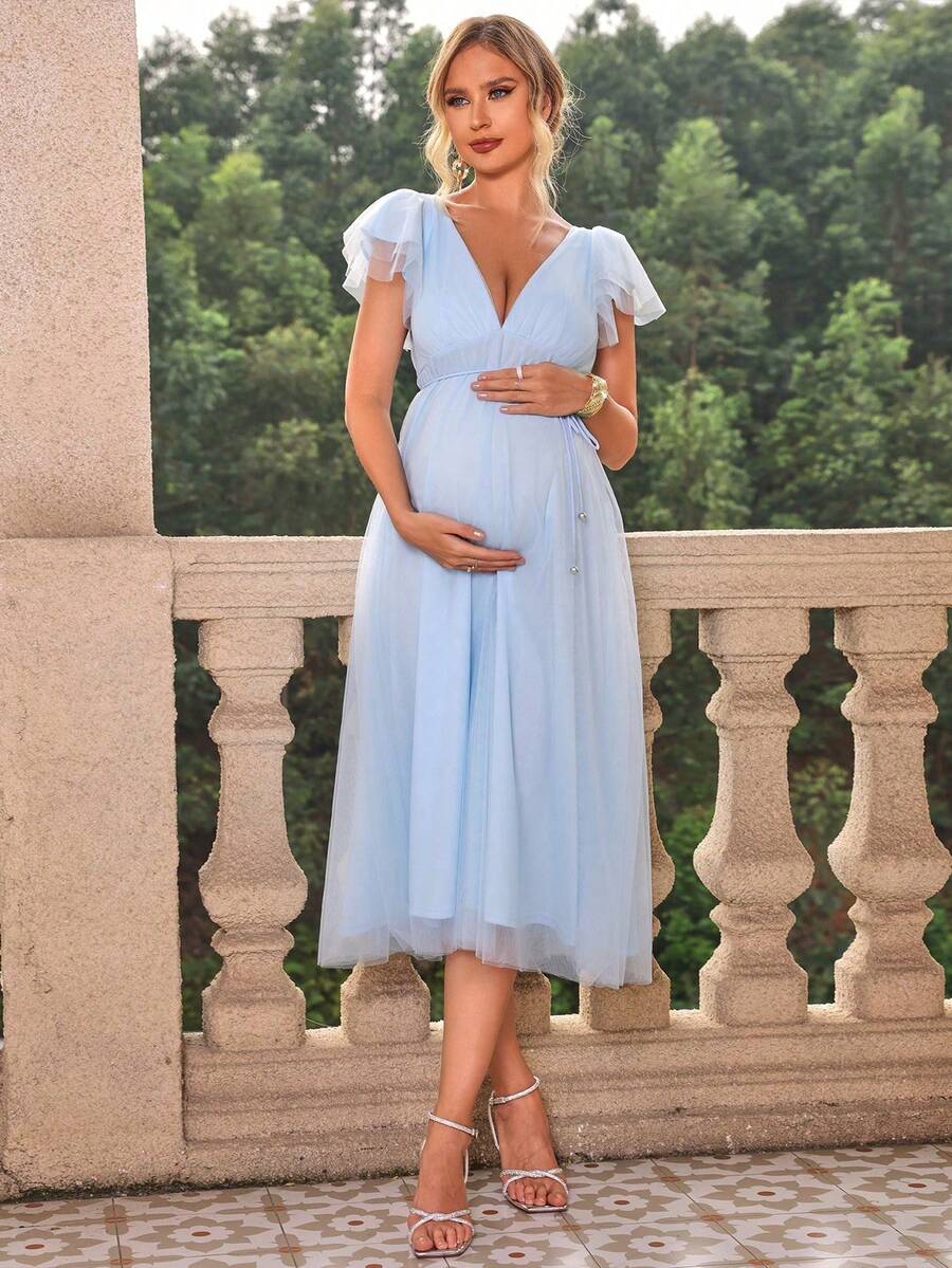 Joyfunear Đầm bầu tay bèo cổ chữ V màu trơn cho bà bầu - Màu xanh nhạt - Xem 1
