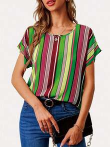 Women's Simple Stripe Print Round Neck Batwing Sleeve Blouse - Green - View 1