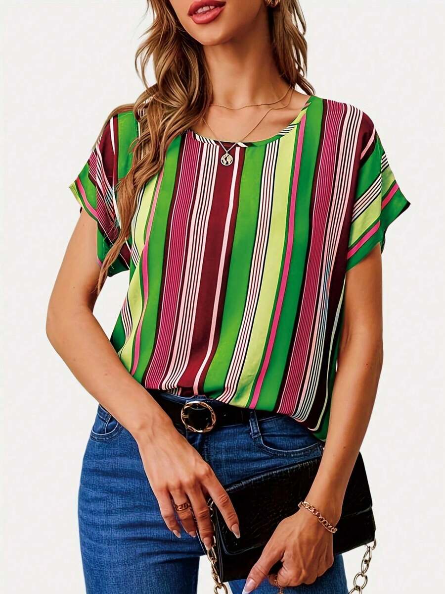 Women's Simple Stripe Print Round Neck Batwing Sleeve Blouse - Green - View 1