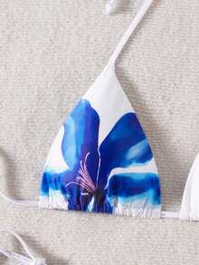 Women's Summer Floral Print Bikini Set With Tie Triangle Top And Side-Tie Triangle Bottom Vacation Beach White - White - View 3