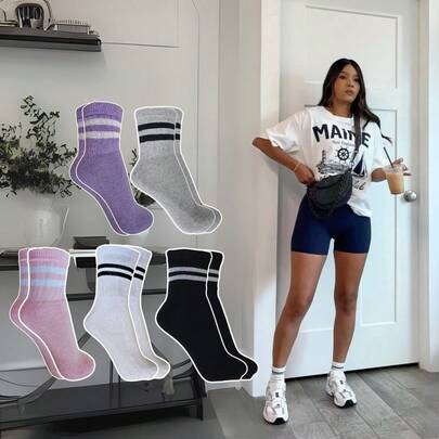 Meias Femininas De Algodão 05 pares com listras cano medio tamanho 36 ao 40
