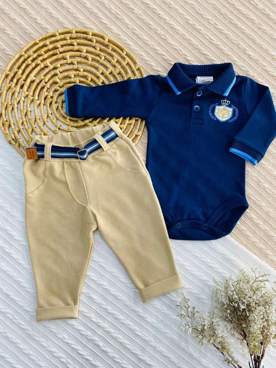 Baby Set Embroidered Bodysuit And Pants With Belt - Elegance And Comfort For Your Baby Size P/M/L - 藏蓝色 - 查看 1