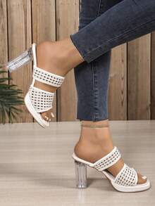 Women's Solid Color Super High Heel Crystal Heel Hollow Out Slide Sandals, Beige Strap Elegant Fashion High Heel Mule Slides - Beige - View 4