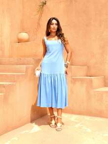 Elegant Linen Dress, Lined - Celeste - Ver 2