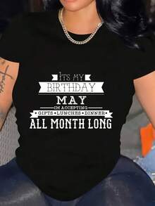 Camiseta gráfica vibrante "Mayo es mi cumpleaños" de cuello redondo, estilo casual para mujer de manga corta - Negro - Ver 1