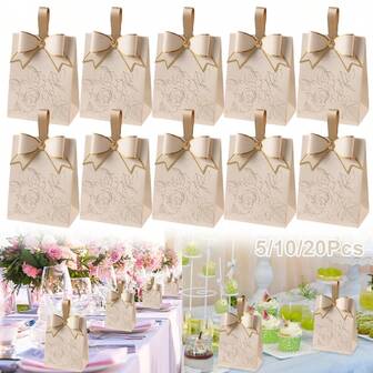 5/10/20 件婚礼礼品盒小号花卉蝴蝶结设计礼品盒带手柄玫瑰花朵图案礼盒适用于婚礼生日新娘送礼会婴儿送礼会派对桌面装饰