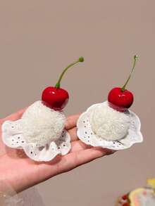 1个/2个/4个可爱樱桃蛋糕蕾丝绒球发夹，侧刘海发夹，生日拍照配饰，发饰 - 彩色 - 查看 2