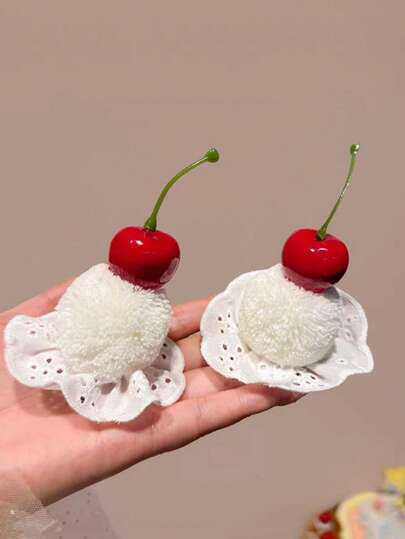 1pc/2pcs/4pcs Cute Cherry Cake Lace Pom Pom Hair Clips, Side Bangs Hairpins, Birthday Photo Accessories, Hair Accessories