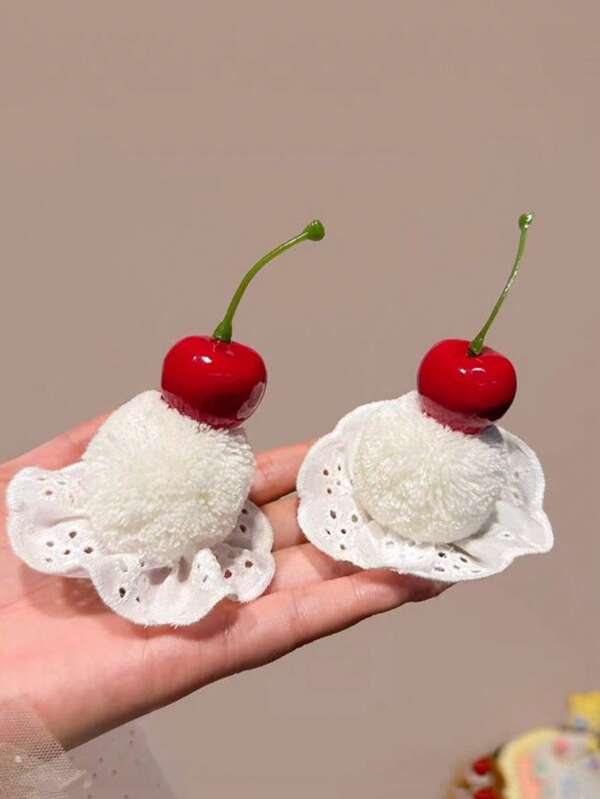 1pc/2pcs/4pcs Cute Cherry Cake Lace Pom Pom Hair Clips, Side Bangs Hairpins, Birthday Photo Accessories, Hair Accessories