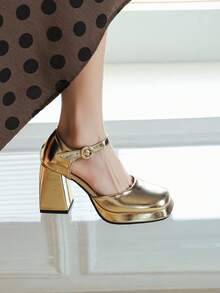 女士厚底封闭式粗跟凉鞋，带扣闭合，韩版时尚 - 金色 - 查看 5