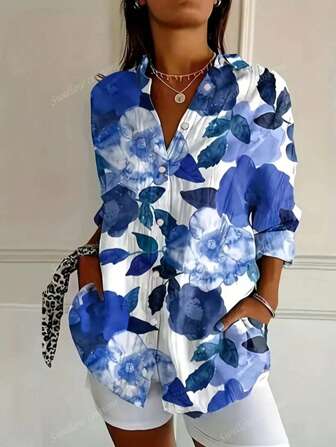 Vibrant Floral Print Colorful Casual Long Sleeve Shirt