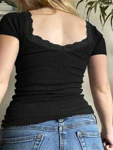大码女式 Y2K 蕾丝方领短袖性感上衣 - 黑色 - 查看 4