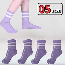 Women's Cotton Socks 05 Pairs With Stripes Mid-Calf - 紫丁香色 - 查看 1