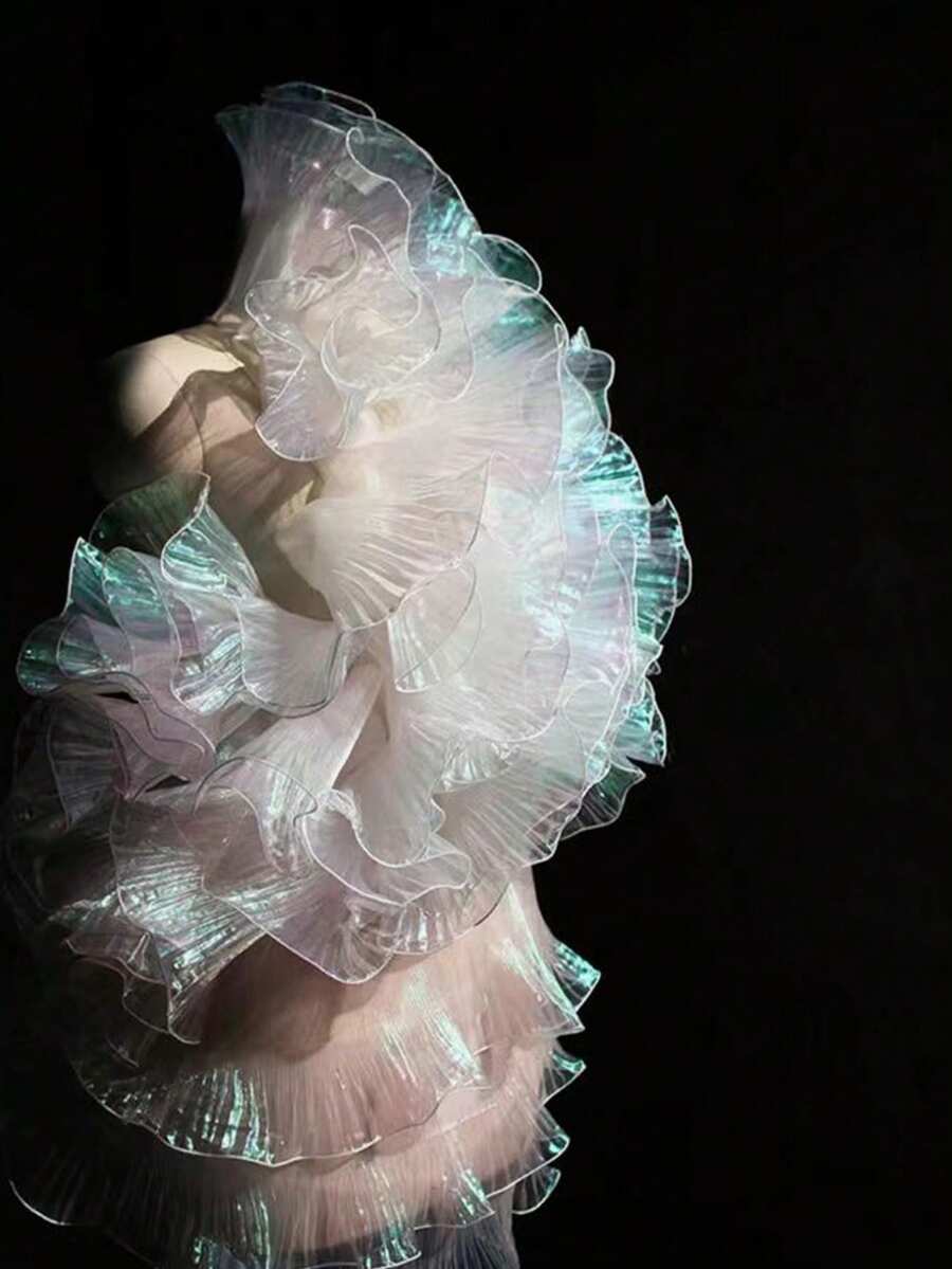 1pc-3Yards Iridescent Organza Ombre Ruffle Mermaid Dress Hem Trim, Ruffle Lace Edging Accessory - Multicolor - View 1