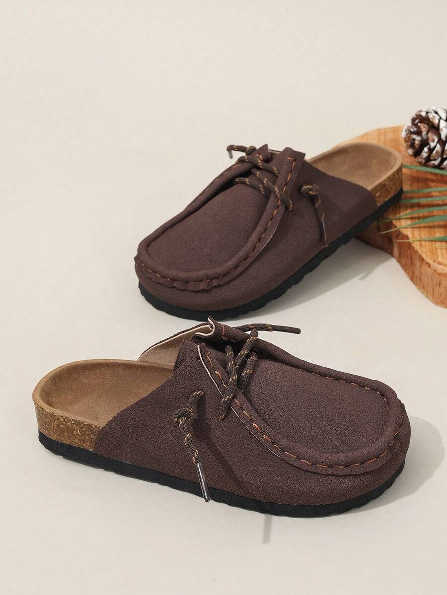 1 双儿童时尚法式棕色穆勒拖鞋，休闲新款复古系带平底凉鞋